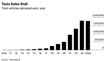 Річні продажі електромобілів Tesla впали вперше за понад десятиліття /Фото 1